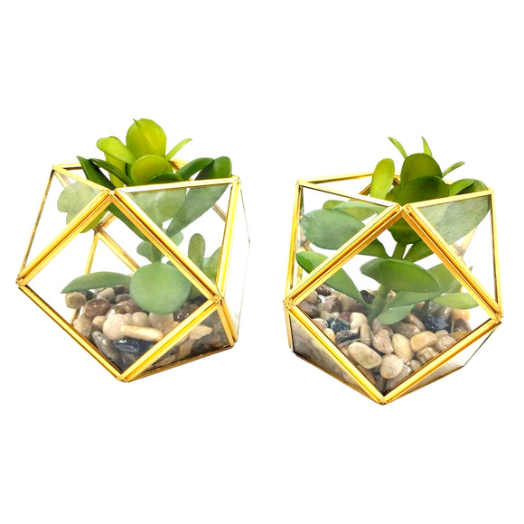 Set of (2) 5" x 4" Artificial Succulent Plant with Brass Terrarium - Opalhouse - Picture 1 of 8